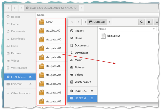 Copying and pasting ESXi binaries to the pen drive using Gnome