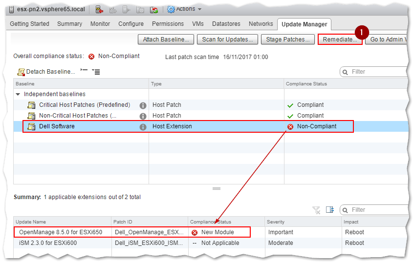 A non-compliant ESXi host. The patches that need applying are marked with a red-cross icon