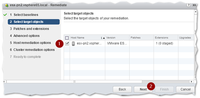 Selecting the target ESXi host to remediate