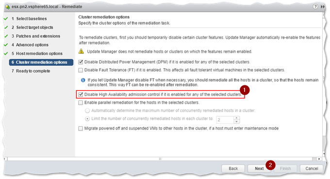 Cluster remediation options are set to ensure that the host can enter maintenance mode for instance