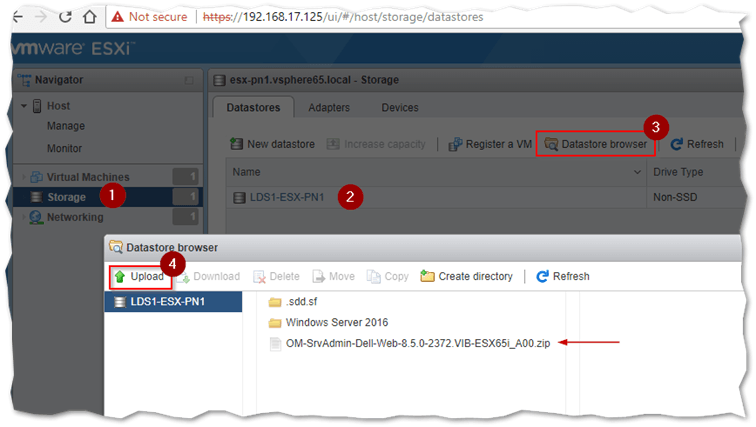 Using the ESXi host client to upload the OMSA VIB to a datastore