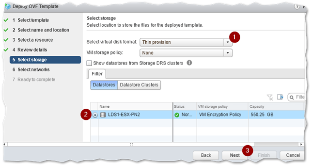 Selecting the appliance storage type and datastore