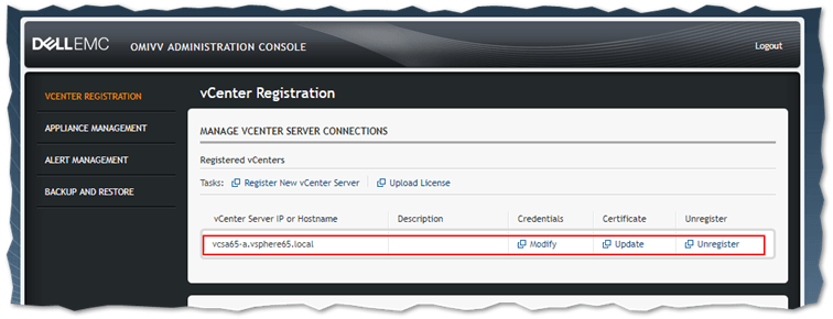 vCenter Server registration status