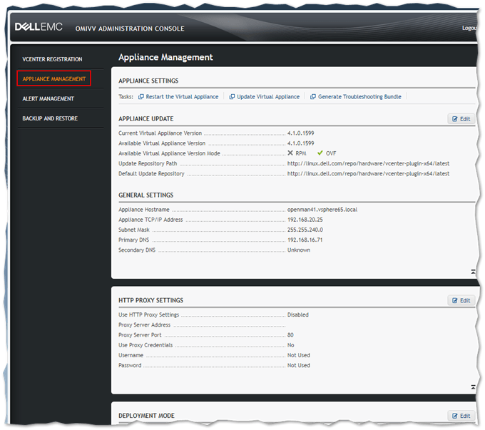 You can view and manage of the appliance's settings and health from the Appliance Management page