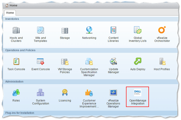 The OpenManage Integration icon is added to vCenter Server Home screen in vSphere Web client