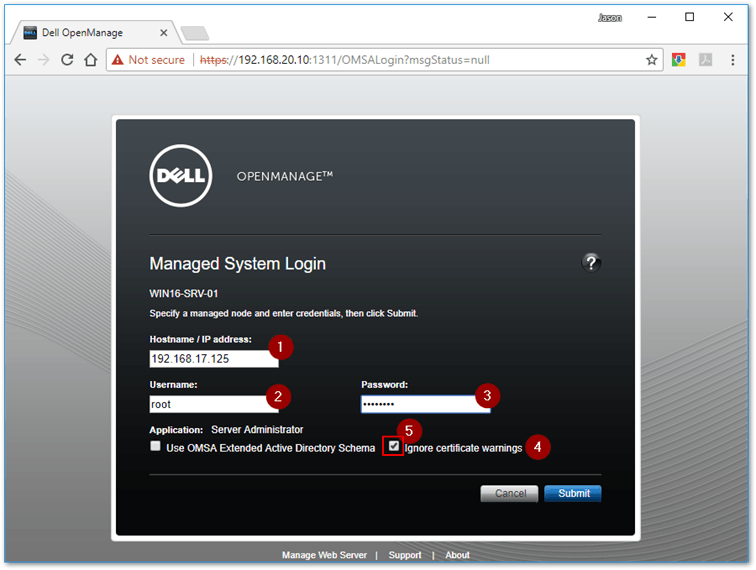 Use the ESXi host credentials to access OpenManage nodes, that is hosts running the OpenManage VIB