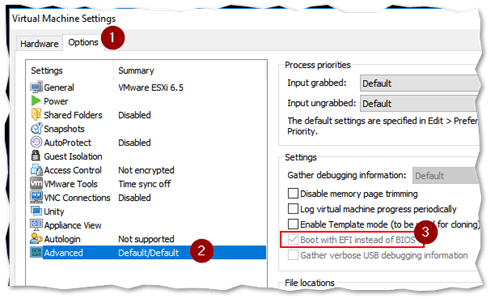 Enabling EFI instead of BIOS, enables a VM to boot off USB media