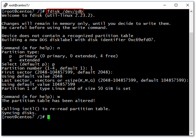 Creating a primary partition on the newly added disk