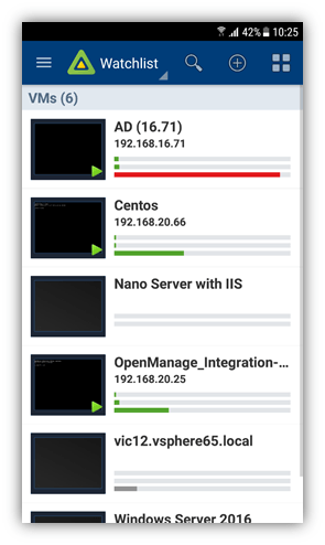 A watchlist containing VM objects