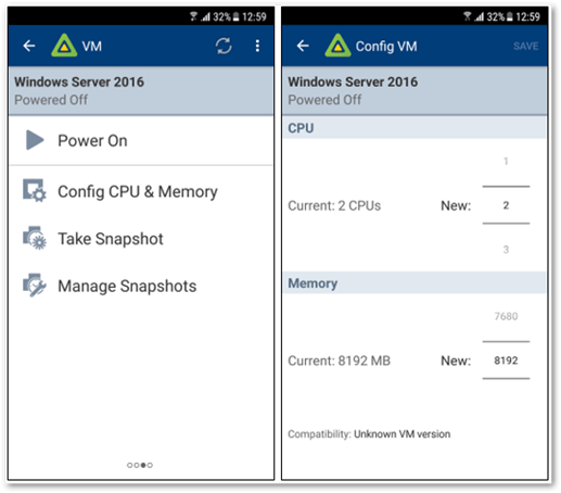 Change the CPU and Memory values for a powered down virtual machine