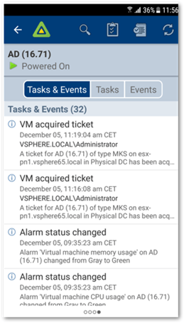 Task and Events for a given resource. Filters for both can be applied via icons at the top of the screen.
