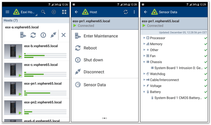 Monitoring and functionality screens for ESXi resources