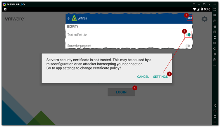 SSL certificate warning first time you log in. Enabling the Trust on First Use option fixes the issue.