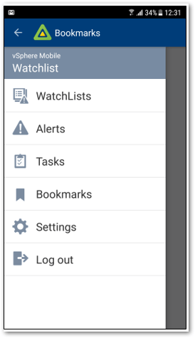 The vSphere Mobile WatchList application's main screen