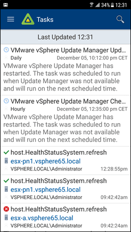 The tasks history of a vCenter Server the app is connected to