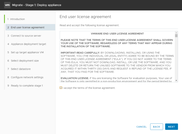 Migrate vCenter End User License Agreement