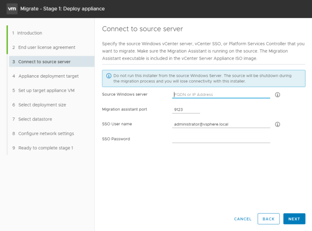 Migrate vCenter source server