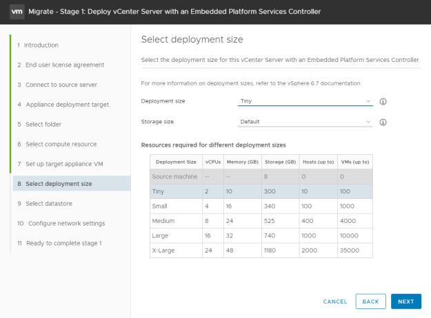 Migrate vCenter deployment size