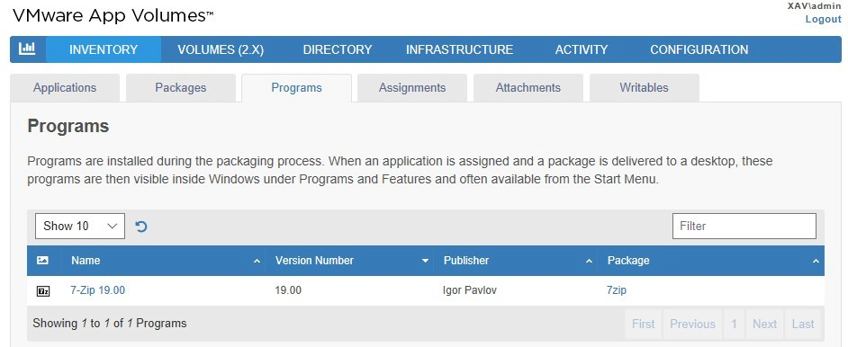 7zip VMware App Volumes Programs tab unzip