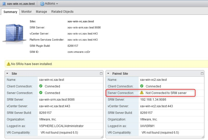 SRM site pairing connection