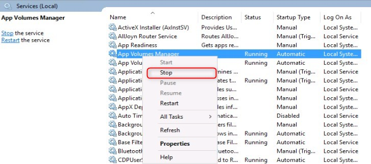 Stop the App Volumes Manager service