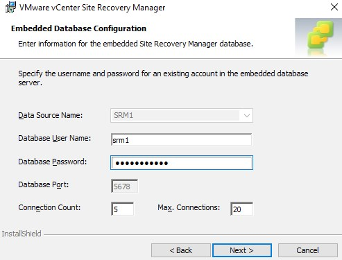 Type the password embedded database configuration