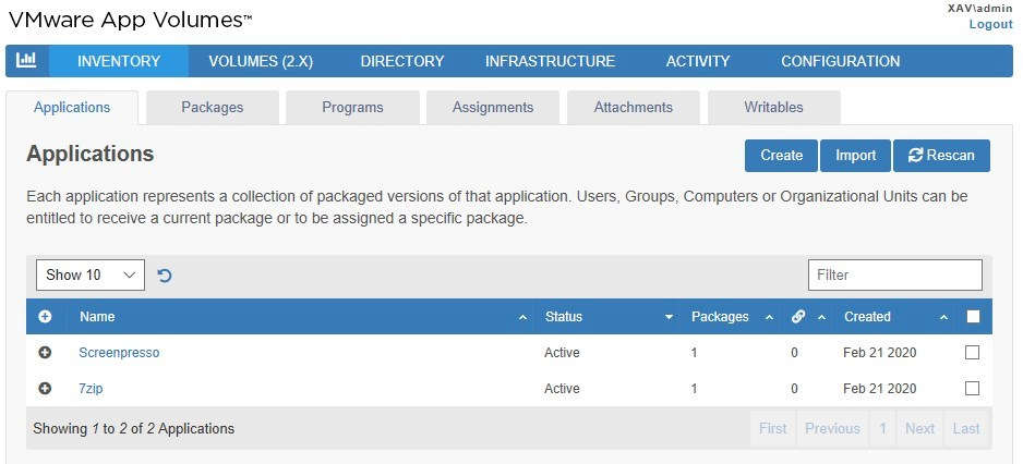 VMware App Volumes Applications tab