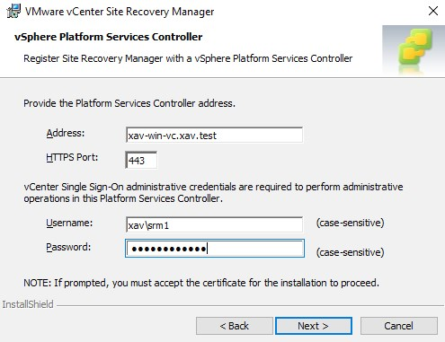 vCenter SRM Credentials