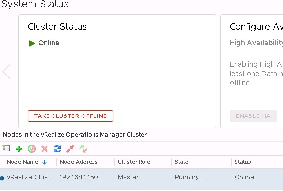 vRealize cluster status offline online