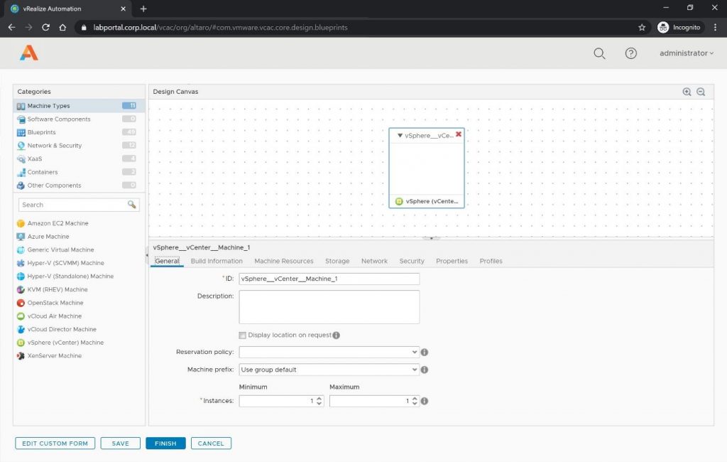 vRealize Automation design canvas