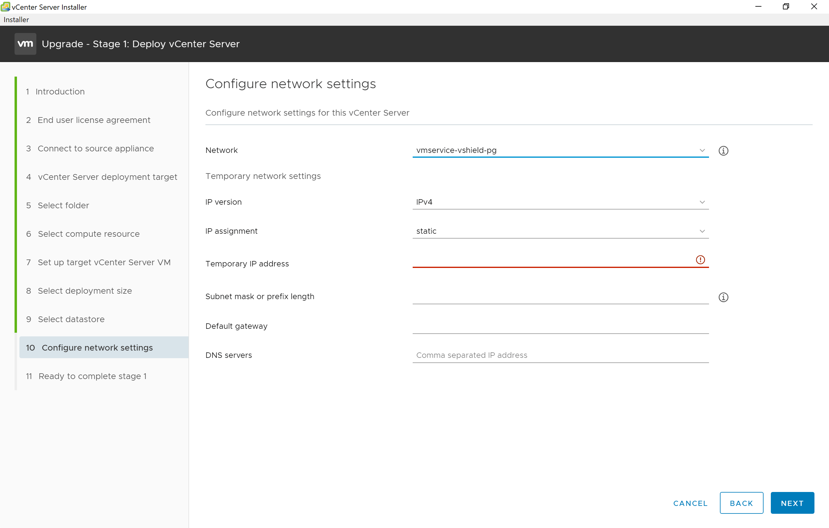 Configure the temporary network settings vCenter 7