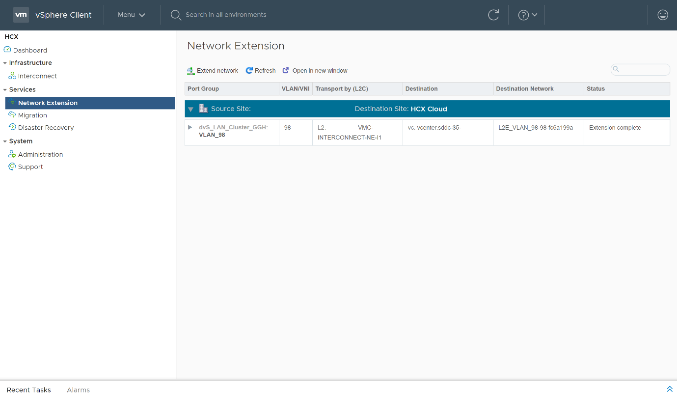 Network extension page of the HCX interface in vCenter