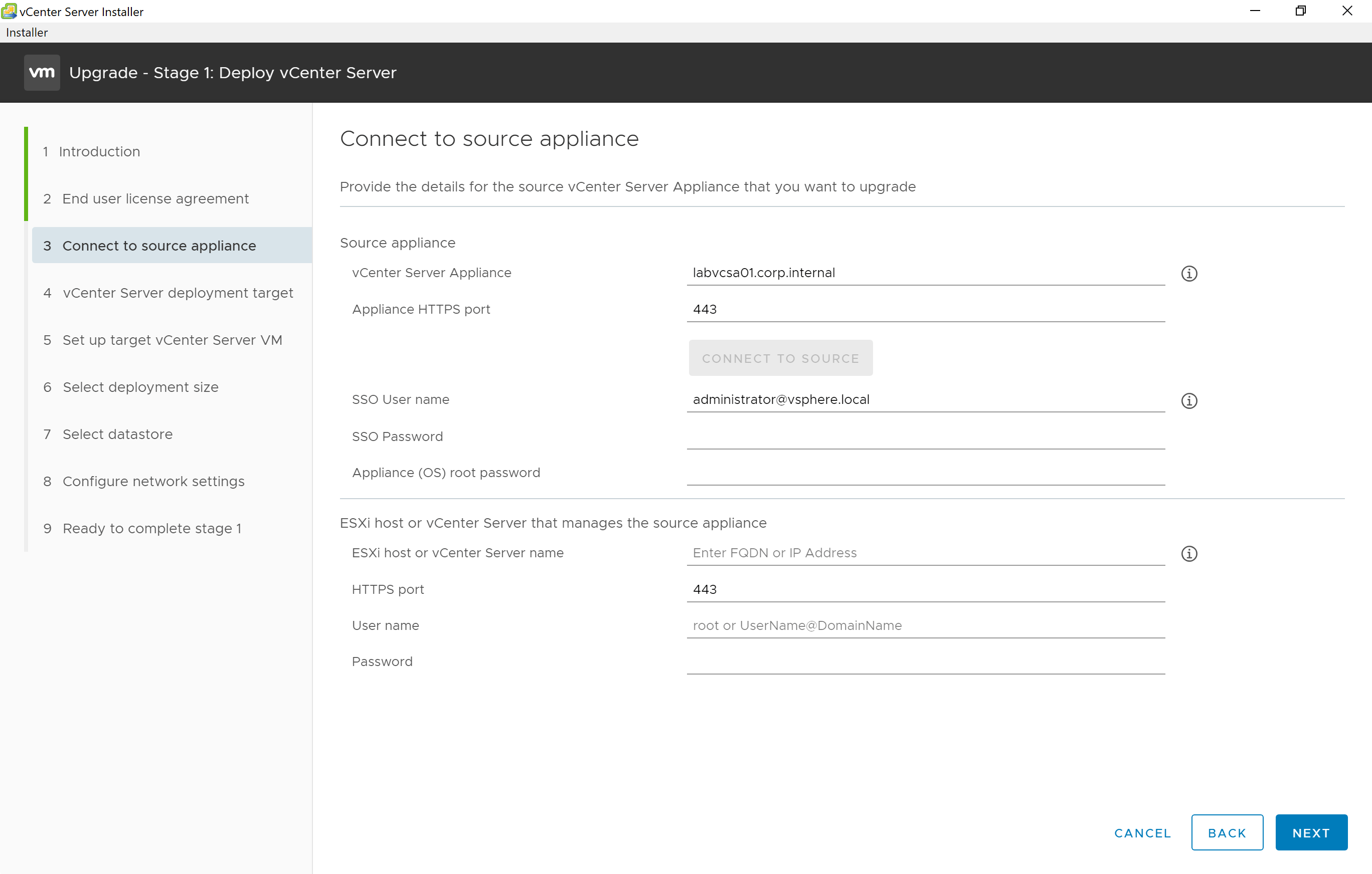 Root and SSO administrator details vCenter 7