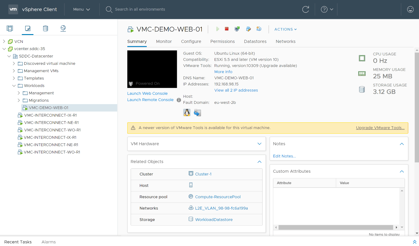 VM running in VMware Cloud on AWS and accessible from the cloud vCenter