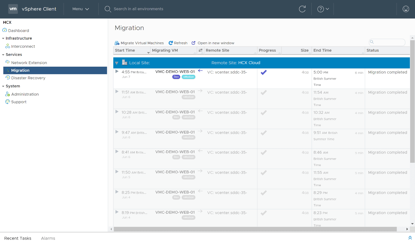 Migration page of the HCX plugin