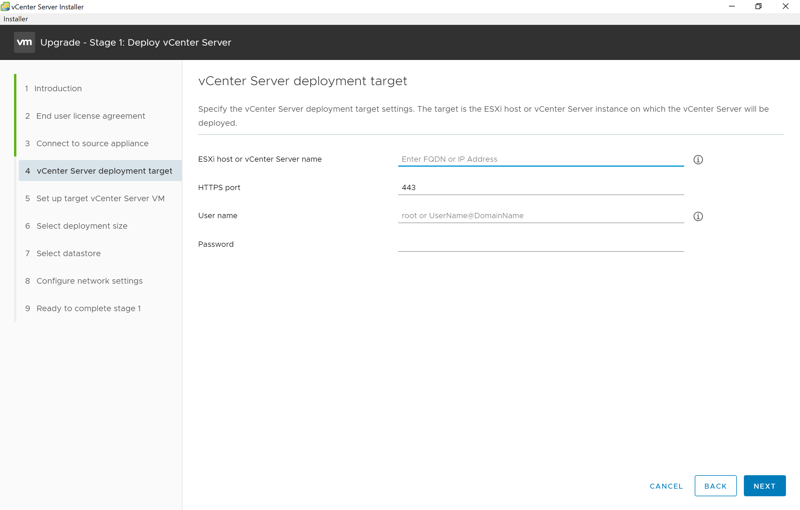 vCenter Appliance deployment target