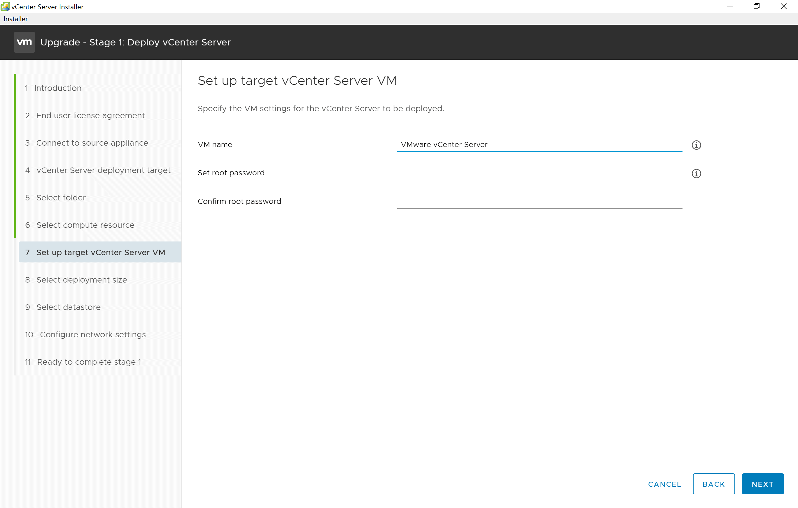 vCenter Server Virtual Machine name root password