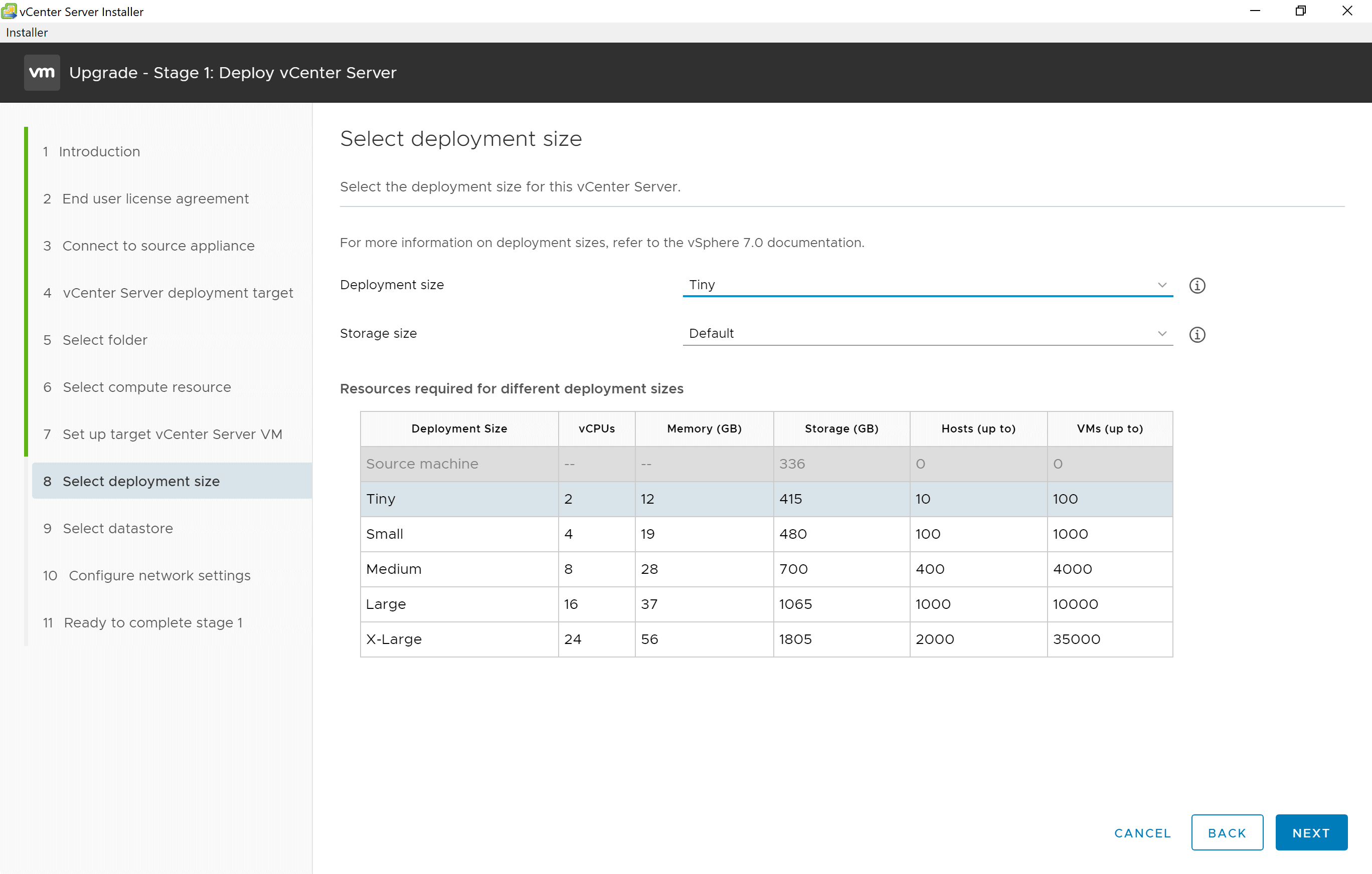 vCenter Server deployment size and storage settings