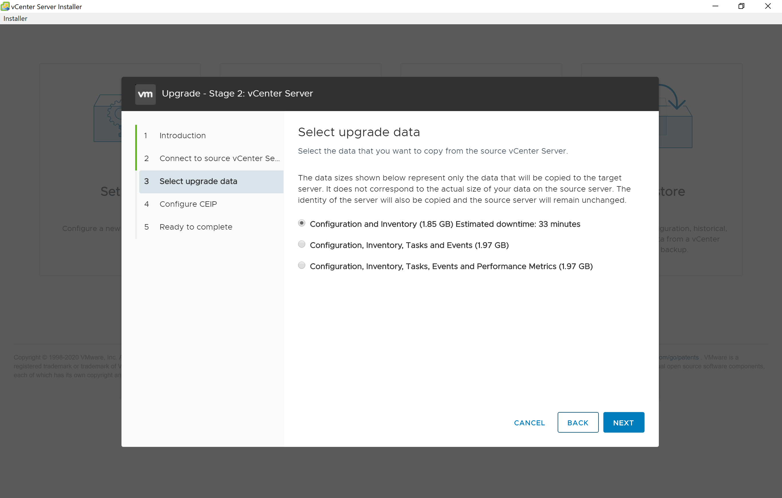 vCenter Server upgrade data selection