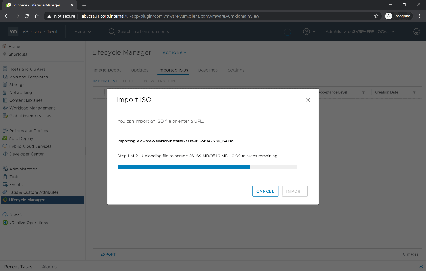  Imported ISOs tab of the Lifecycle Manager UI