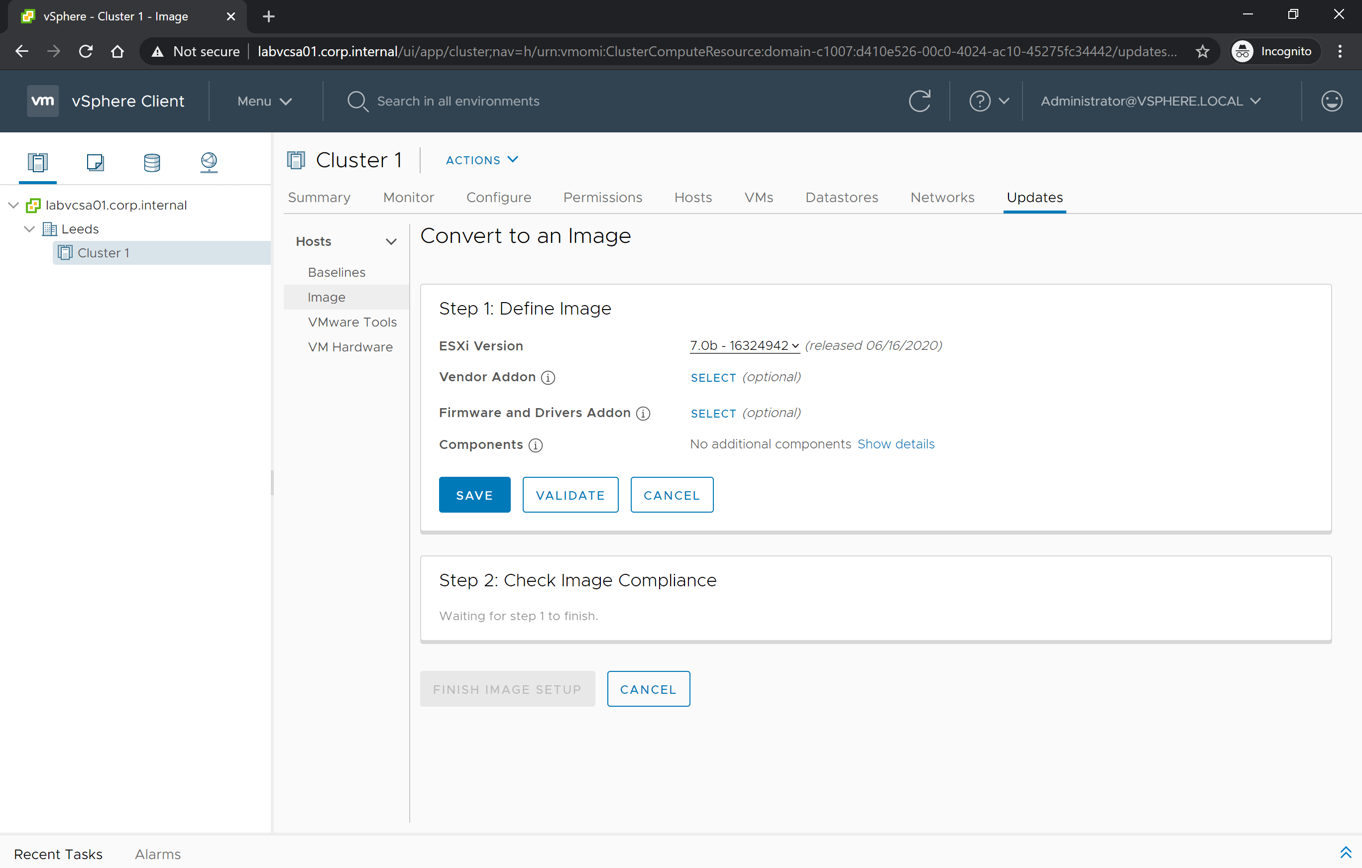 Setup options for a single cluster image, ESXi base image