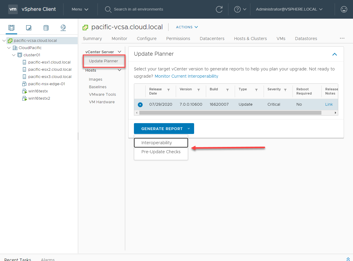 Update Planner allows generating both interoperability and pre-update checks before updating vCenter Server