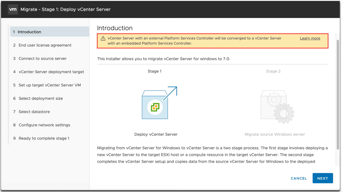 vCenter Server 7 appliance deployment will automatically converge an external PSC into a single appliance