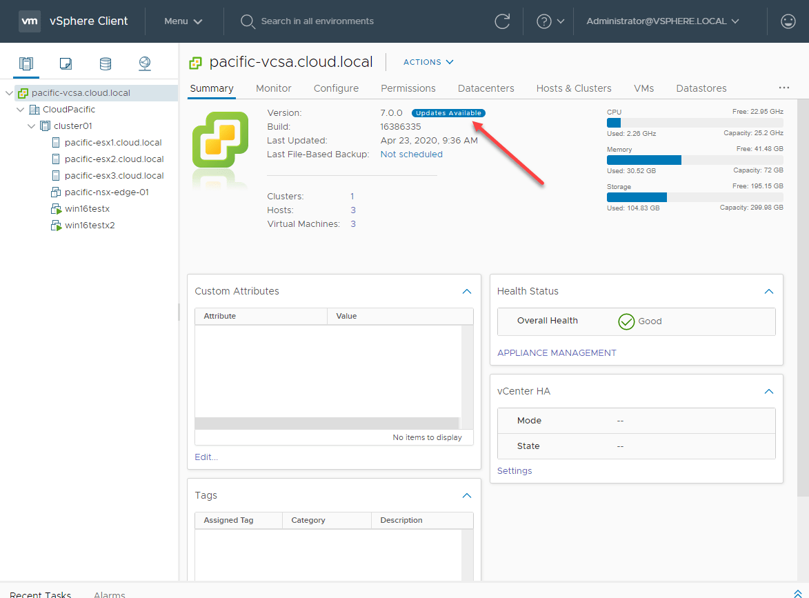 Update Planner visually notifies administrators when a vCenter Server update is available