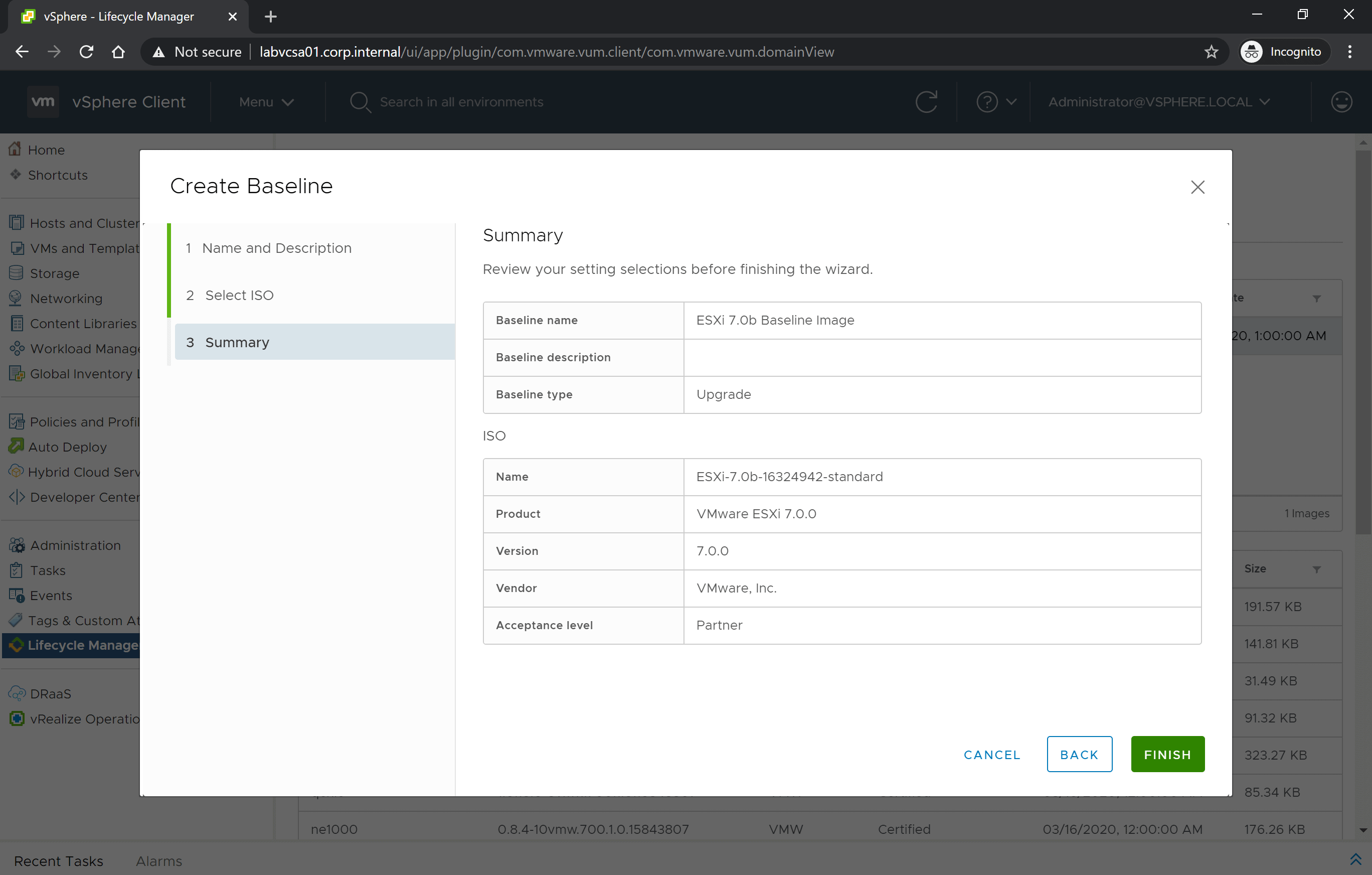 vSphere Client, Create Baseline wizard