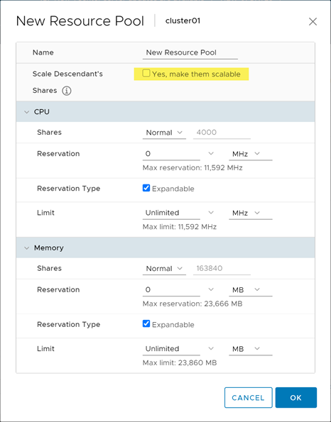 Enable vSphere 7 scalable shares at the resource pool level