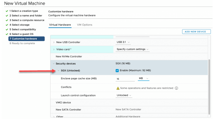 Enabling the vSGX feature in the properties of a virtual machine in vSphere 7