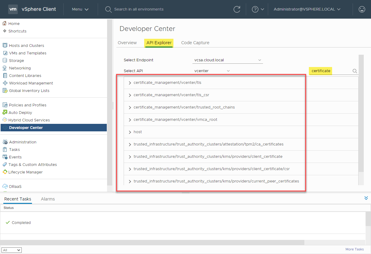 vCenter Server 7 certificate management RESTful APIs