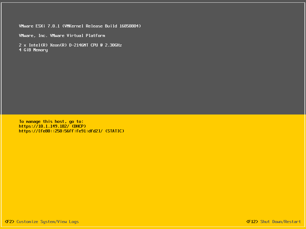 A new ESXi 7 Update 1 host ready to configure
