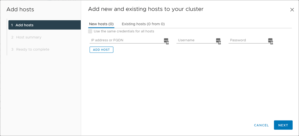 Adding a new ESXi host to vCenter Server using the Add hosts wizard
